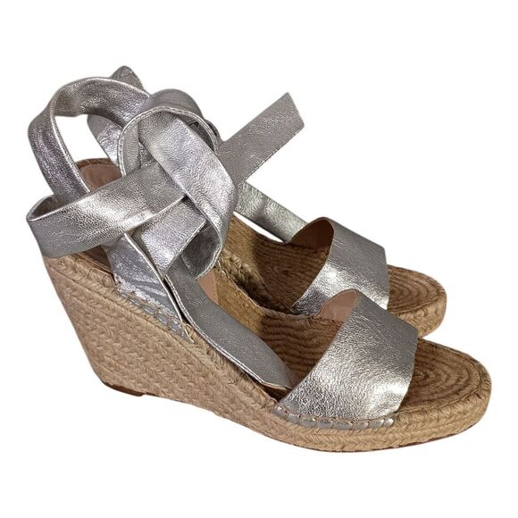 Loeffler Randall Harper Ankle Tie Espadrille Wedge Sandals Silver Leather 6.5 - Picture 2 of 9